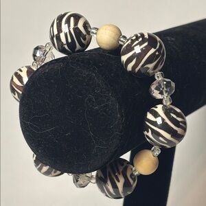 Contemporary Zebra Print Acrylic and Wooden Round Beaded Fashion Bracelet